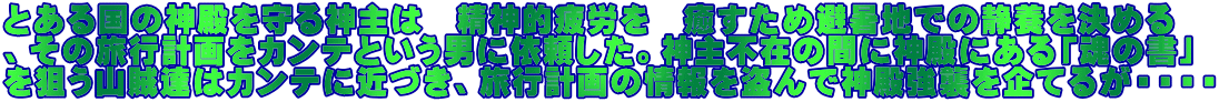 とある国の神殿を守る神主は　精神的疲労を　癒すため避暑地での静養を決める 、その旅行計画をカンテという男に依頼した。神主不在の間に神殿にある｢魂の書」 を狙う山賊達はカンテに近づき、旅行計画の情報を盗んで神殿強襲を企てるが・・・・